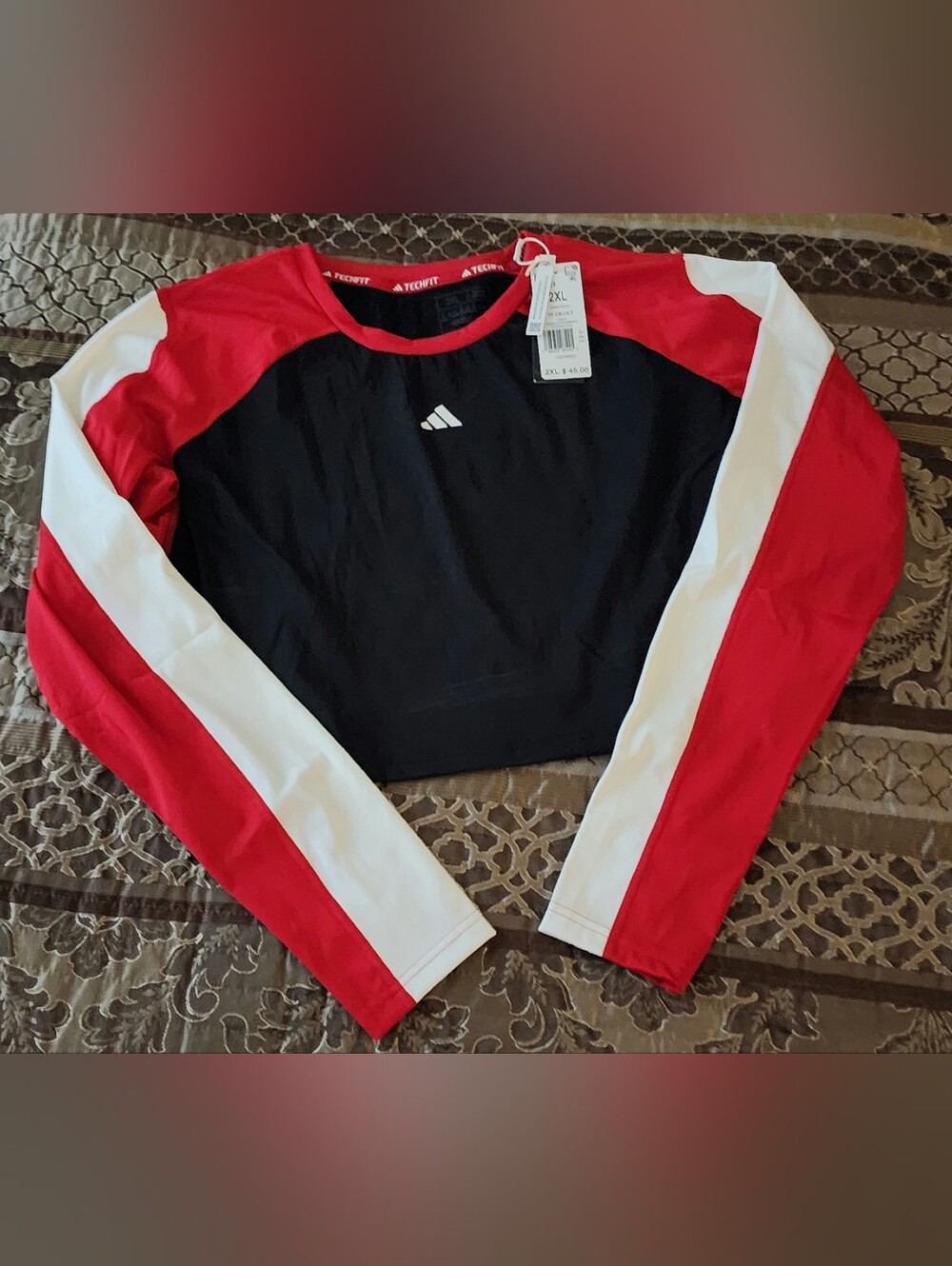 adidas Black Red and White Long Sleeve Cropped Top